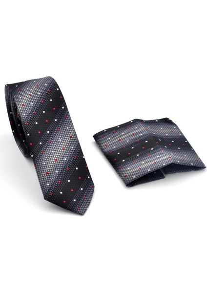 Gri Füme ve Siyah Verev Desenli Dokuma Kumaş Mendilli Slim Fit Kravat // SDK-240803 fiyatları