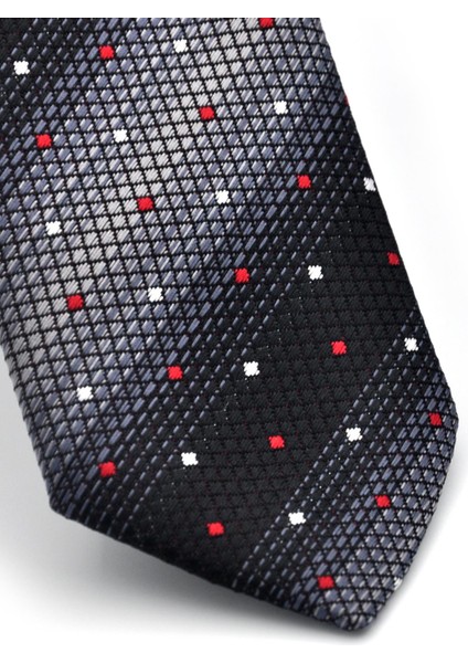 Gri Füme ve Siyah Verev Desenli Dokuma Kumaş Mendilli Slim Fit Kravat // SDK-240803 modelleri