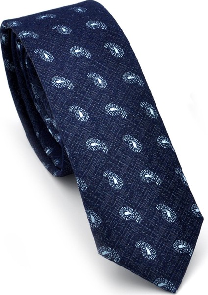 Mavi Şal Desenli Lacivert Dokuma Kumaş Mendilli Slim Fit Kravat // SDK-240808