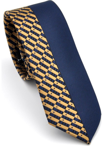 Bej ve Lacivert Pano Desenli Dokuma Kumaş Slim Fit Kravat // KPK010
