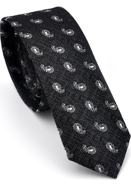 Beyaz Şal Desenli Siyah Dokuma Kumaş Mendilli Slim Fit Kravat // SDK-240809