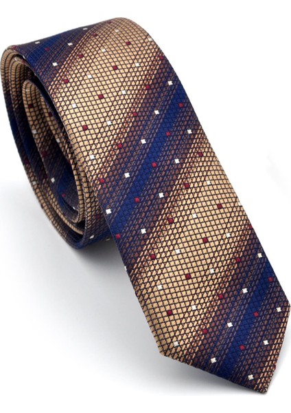 Bej Kahverengi ve Lacivert Verev Desenli Dokuma Kumaş Mendilli Slim Fit Kravat // SDK-240801