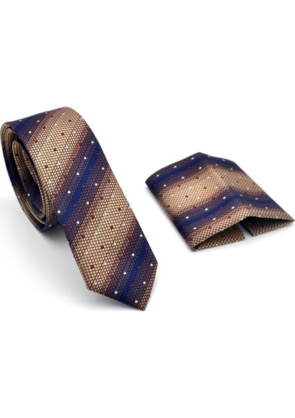 Bej Kahverengi ve Lacivert Verev Desenli Dokuma Kumaş Mendilli Slim Fit Kravat // SDK-240801