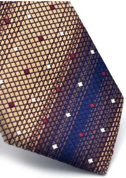 Bej Kahverengi ve Lacivert Verev Desenli Dokuma Kumaş Mendilli Slim Fit Kravat // SDK-240801