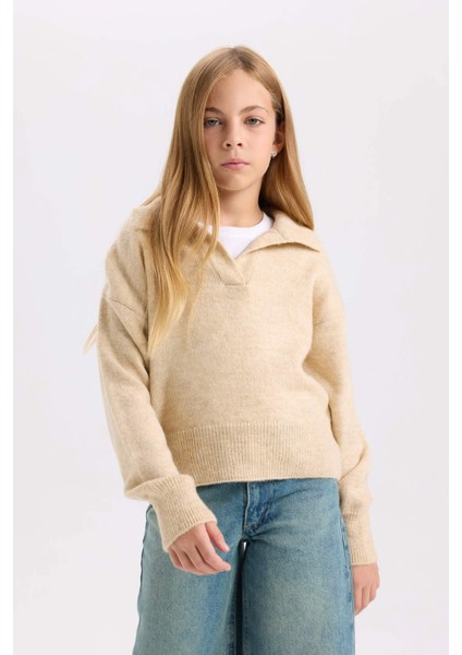 Kız Çocuk Polo Yaka Basic Düz Triko Kazak C9667A824WN