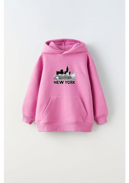 Kapüşonlu Içi Polar New York Yazı Baskılı Pembe Unisex Çocuk Hoodie Sweatshirt