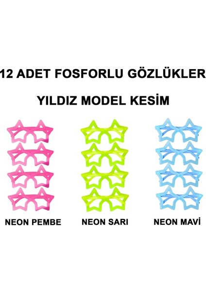 Mepa Tedarik Fosforlu Yıldız Model Glow Parti Gözlüğü Karanlıkta Yanan Gözlükler 12 Adet