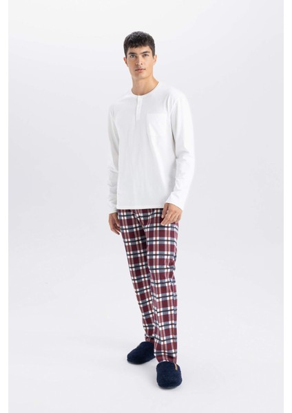 Pijama Takım Bisiklet Yaka Uzun Kollu Basic Düz Üst Kareli Beli Lastikli Alt D0943AX24WN