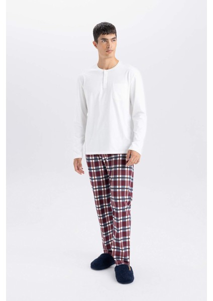 Pijama Takım Bisiklet Yaka Uzun Kollu Basic Düz Üst Kareli Beli Lastikli Alt D0943AX24WN