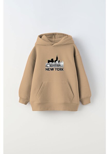 Kapüşonlu Içi Polar New York Yazı Baskılı Bej Unisex Çocuk Hoodie Sweatshirt