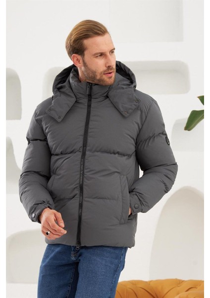 Erkek Su Geçirmez Çıkarılabilir Kapüşonlu Şişme Mont Antrasit - 3820DNGR