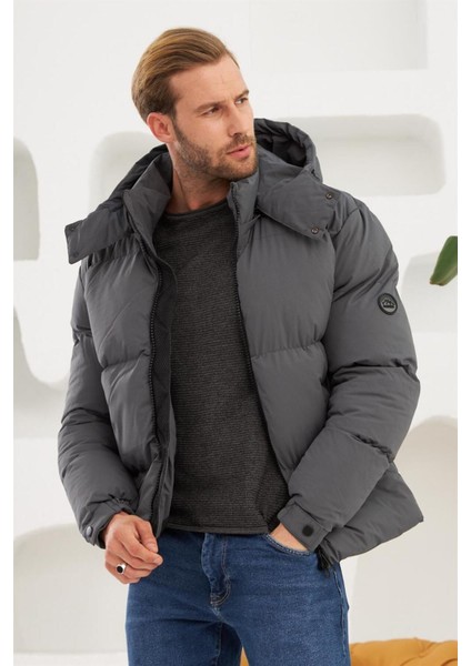 Erkek Su Geçirmez Çıkarılabilir Kapüşonlu Şişme Mont Antrasit - 3820DNGR modelleri