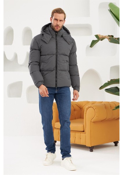 Erkek Su Geçirmez Çıkarılabilir Kapüşonlu Şişme Mont Antrasit - 3820DNGR fırsatları