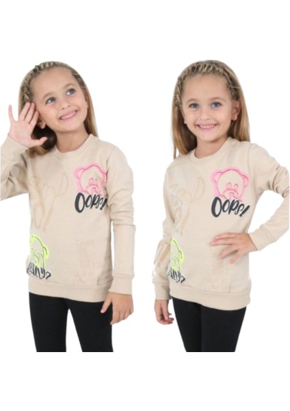 Kız Çocuk Ayıcık ve Yazı Desenli Bej Renk Şardonlu Sweatshirt