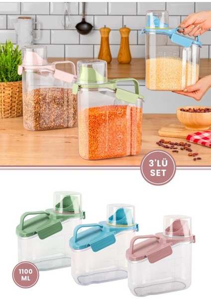 Çok Fonksiyonlu Un, Bakliyat, Deterjan Saklama Kabı (Contalı Sızdırmaz) 1100 ml 3'lü Set