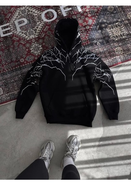 Yıldırım Baskılı Kapşonlu Sweatshirt - Siyah