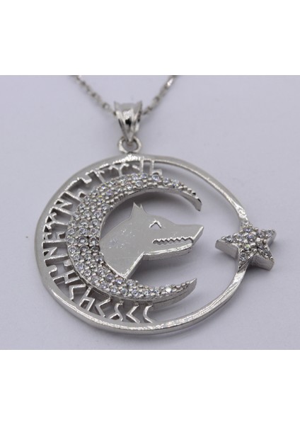 Göktürkçe Tanrı Türkü Korusun Yazılı Taşlı Ay Yıldız Kolye