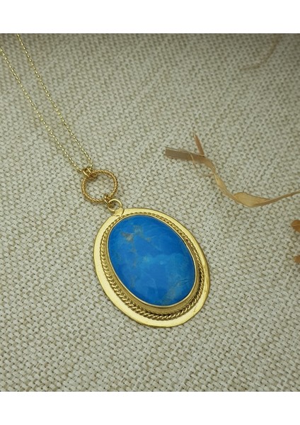 Turkuaz Taş Gümüş Kolye Uzun Italyan Zincir