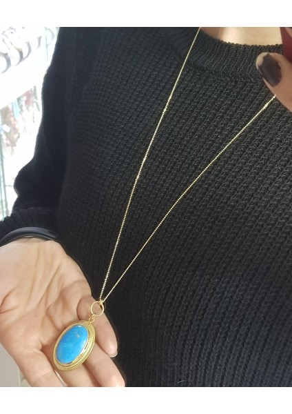 Turkuaz Taş Gümüş Kolye Uzun Italyan Zincir fiyatları