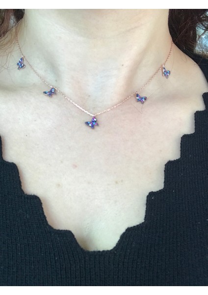 Rose Kaplama Renkli Taşlı Kelebek Gümüş Kolye