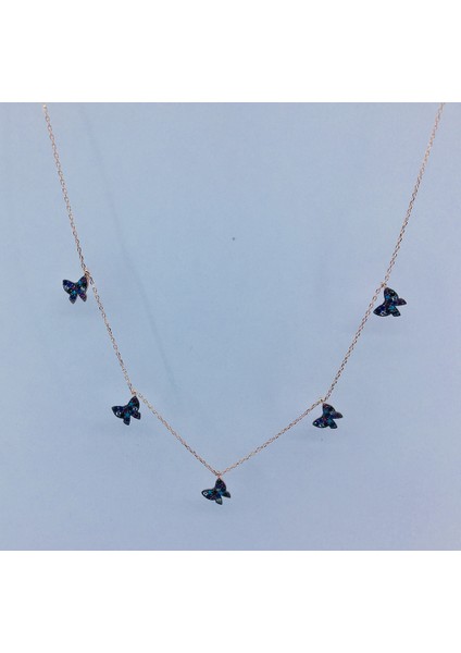 Rose Kaplama Renkli Taşlı Kelebek Gümüş Kolye fiyatları