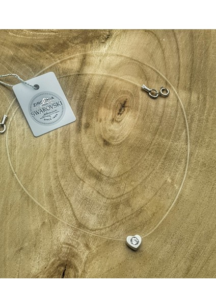 Swarovski Kalp Tek Taş Gümüş Hayalet Kolye Misinalı