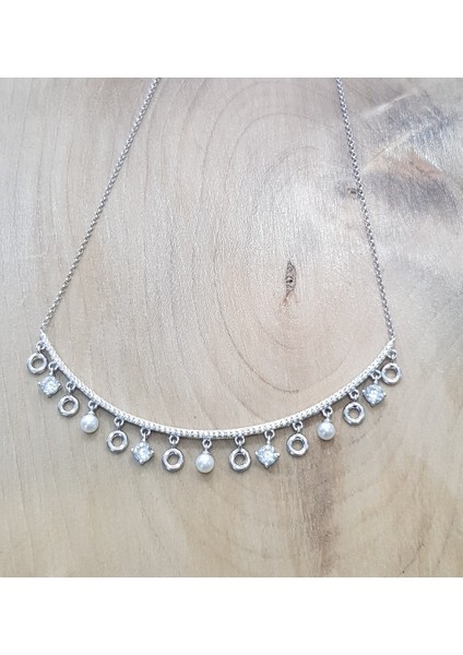Incili Swarovski Taşlı Tasarım Gümüş Kolye