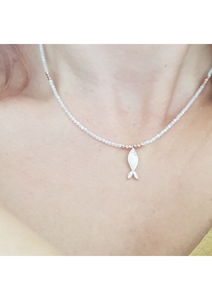 Ay Taşı Mineli Balık Tasarım Gümüş Kolye