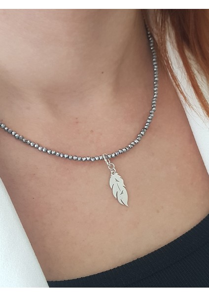 Bohem Doğaltaş Tüy Gümüş Kolye