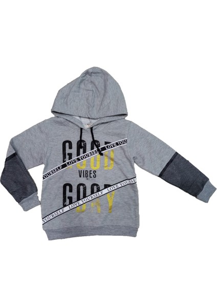 Kız Çocuk Good Day Yazı Desenli Kolu File Detaylı Gri Renk Kapüşonlu Sweatshirt