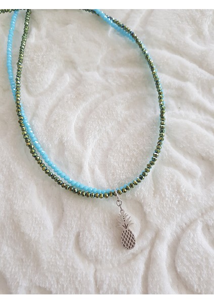 Ananas Kristal Doğaltaş 2 Li Tasarım Gümüş Kolye