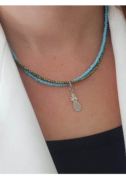 Ananas Kristal Doğaltaş 2 Li Tasarım Gümüş Kolye modelleri