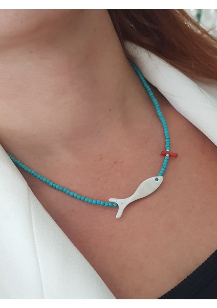 Balık Firuze Taş Bohem Tasarım Gümüş Kolye modelleri