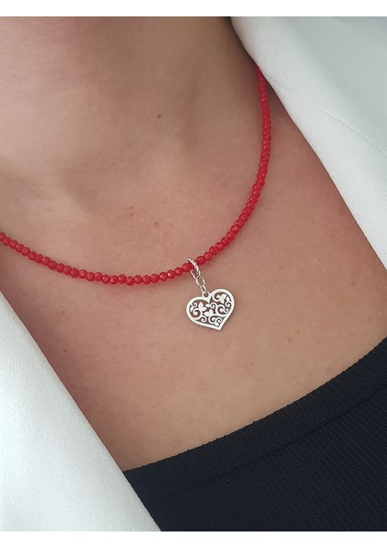 Sevgililer Günü Kırmızı Taş Kalp Doğaltaş Gümüş Kolye modelleri