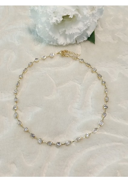 Altın Kaplama Taşlı Ithal Choker Tasma Gümüş Kolye