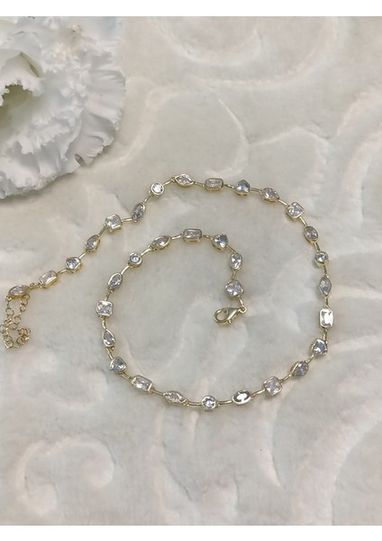 Altın Kaplama Taşlı Ithal Choker Tasma Gümüş Kolye