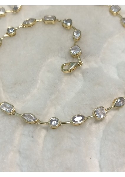 Altın Kaplama Taşlı Ithal Choker Tasma Gümüş Kolye