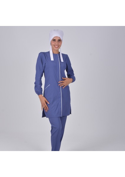 Fırtına Mavisi Soft Likra Hemşire Doktor Tesettür Üniforma Takım