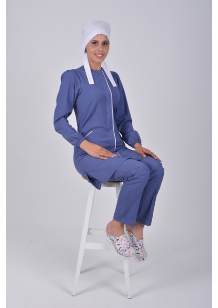Fırtına Mavisi Soft Likra Hemşire Doktor Tesettür Üniforma Takım modelleri