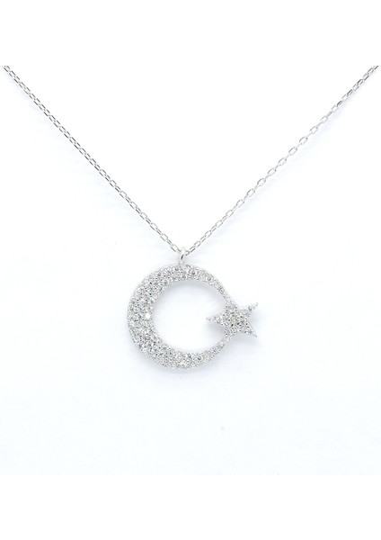 Taşlı Ay Yıldız Gümüş Kolye