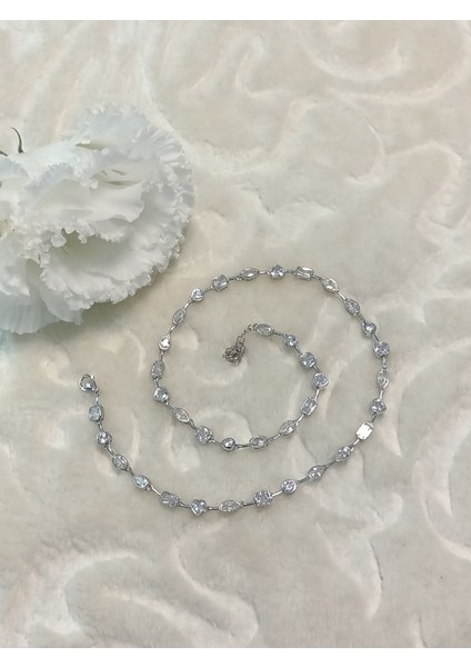 Taşlı Ithal Choker Tasma Gümüş Kolye
