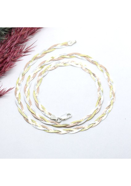 Italyan Saç Örgüsü Üç Renk Gümüş Kolye