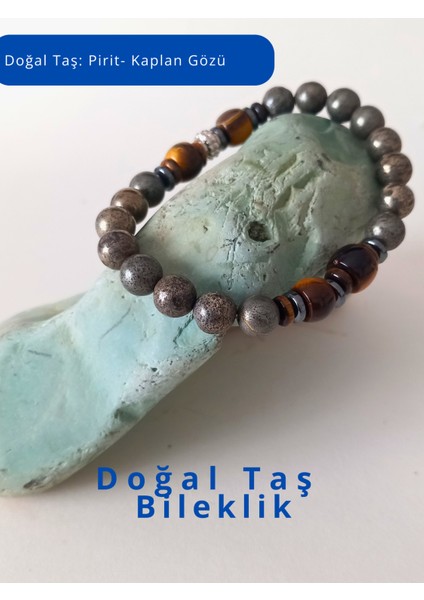 Doğal Taş Bileklik - Pirit ve Kaplan Gözü Doğal Taşı Esnek Bileklik - Hediye Bileklik