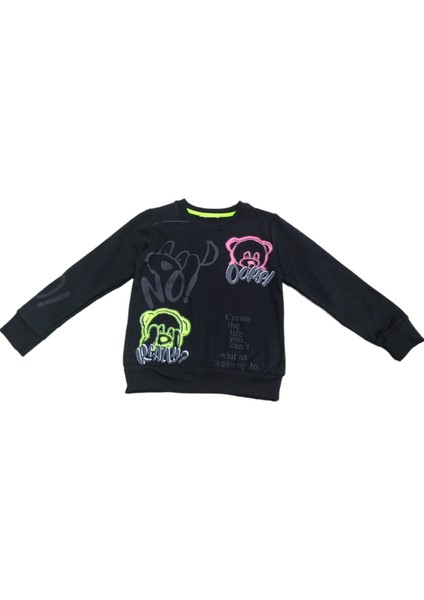 Kız Çocuk Ayıcık ve Yazı Desenli Siyah Renk Şardonlu Sweatshirt