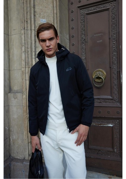 Erkek Basic Su Geçirmez Kapüşonlu Mont Siyah - 1072DNGR