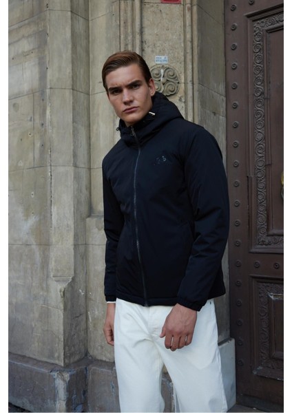 Erkek Basic Su Geçirmez Kapüşonlu Mont Siyah - 1072DNGR fırsatları