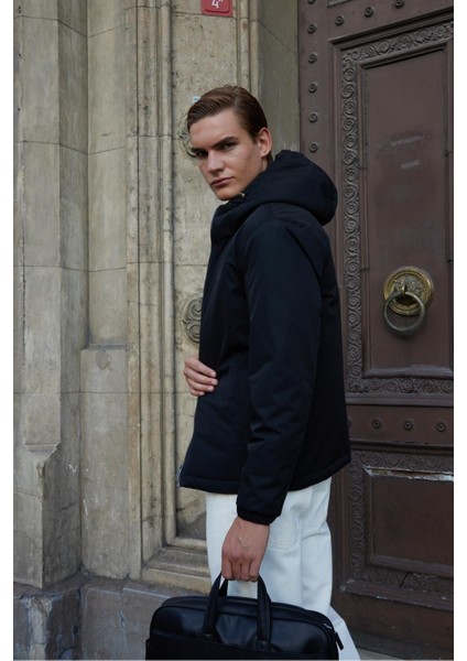 Erkek Basic Su Geçirmez Kapüşonlu Mont Siyah - 1072DNGR indirimleri