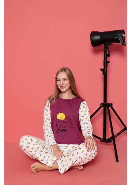 Sude Homewear Kadın Bordo Desenli Iki Iplik Şardonlu Uzun Kol Pijama Takımı