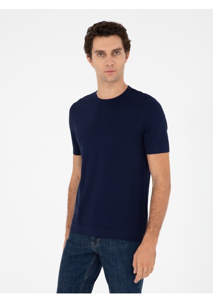 Erkek Lacivert Slim Fit Bisiklet Yaka Triko T-shirt 50293169-VR033
