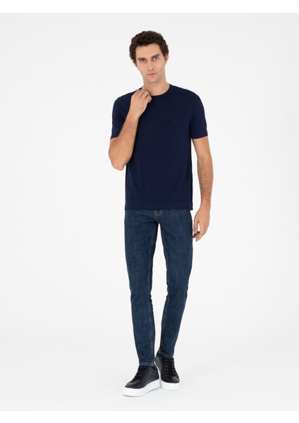 Erkek Lacivert Slim Fit Bisiklet Yaka Triko T-shirt 50293169-VR033 fırsatları